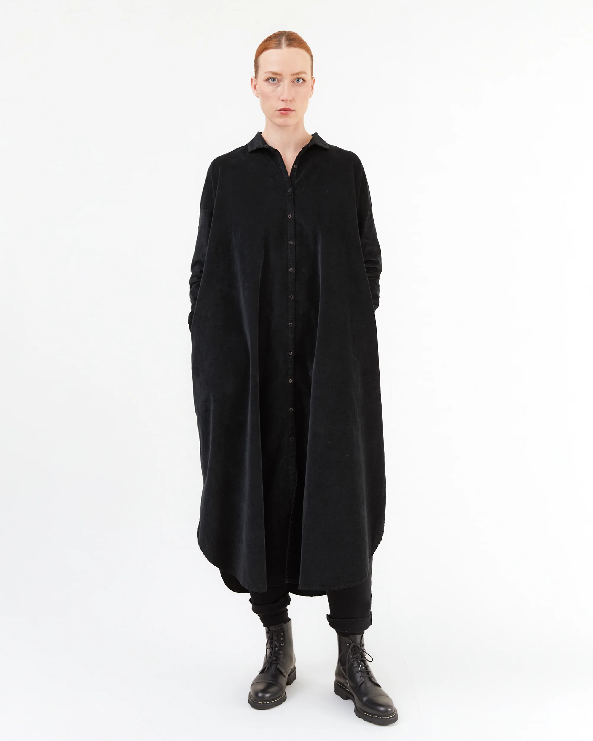 Album Di Famiglia Long Velvet Shirt Dress in Black - Image 4