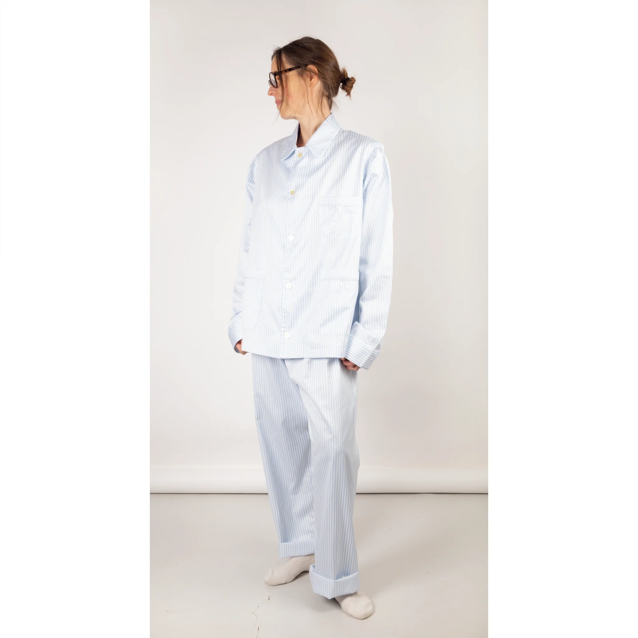 Finamore Cotton Pyjamas in White / Blue Stripe - Image 10