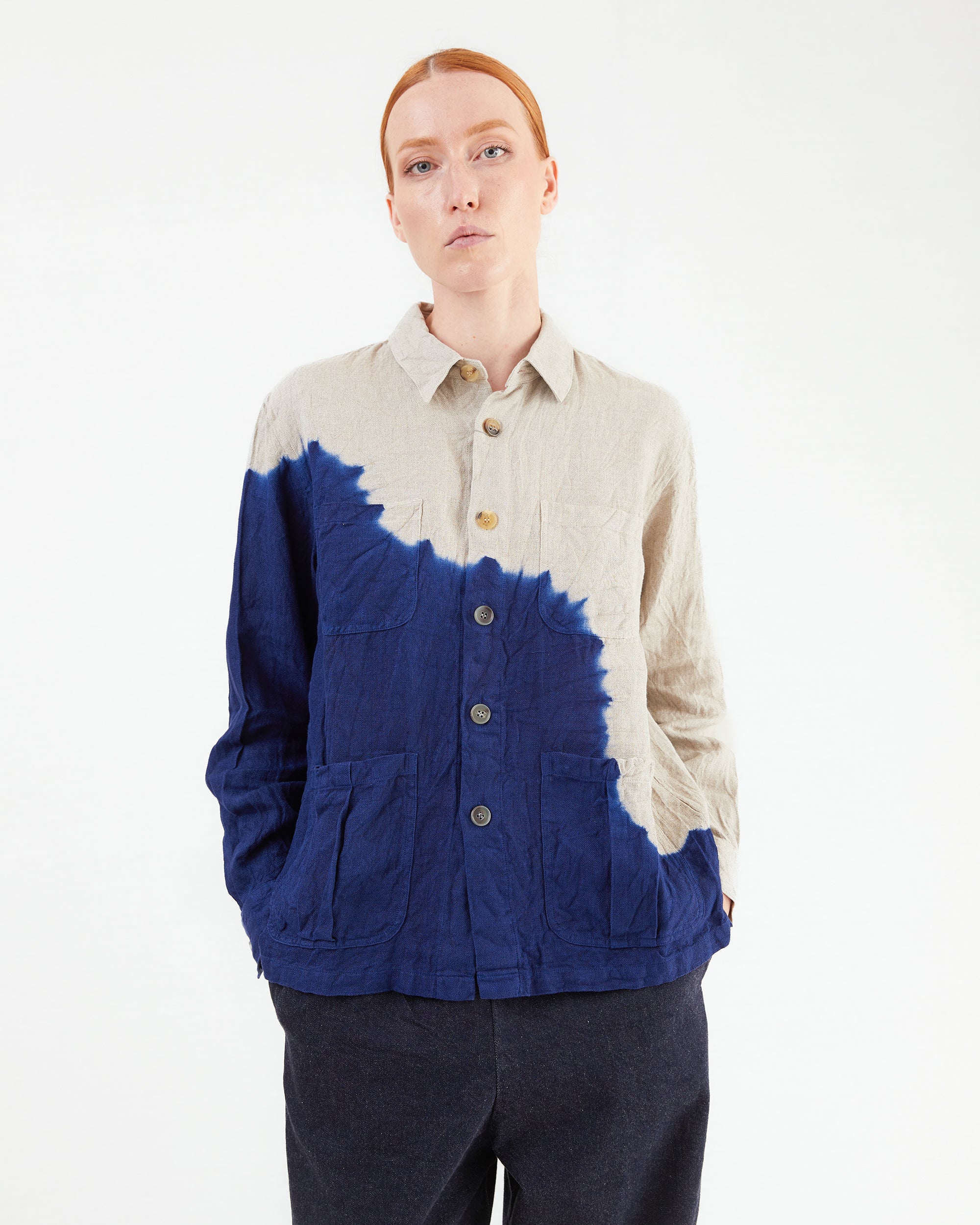 Suzusan Boushi Somewake Shibori Overshirt in Navy/ Grege - Image 3