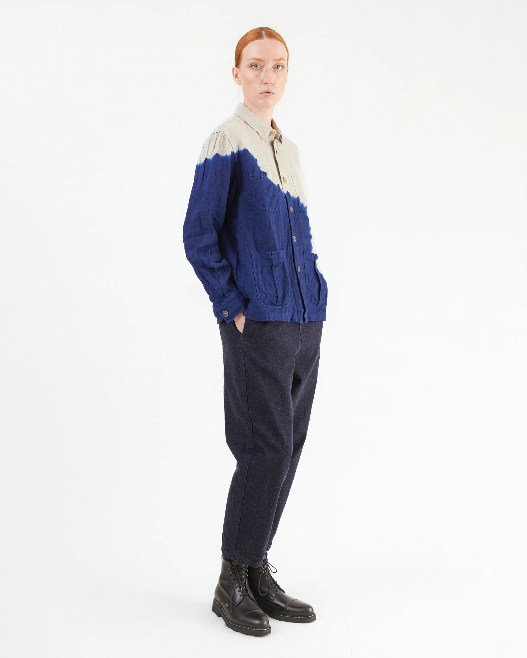 Suzusan Boushi Somewake Shibori Overshirt in Navy/ Grege - Image 4