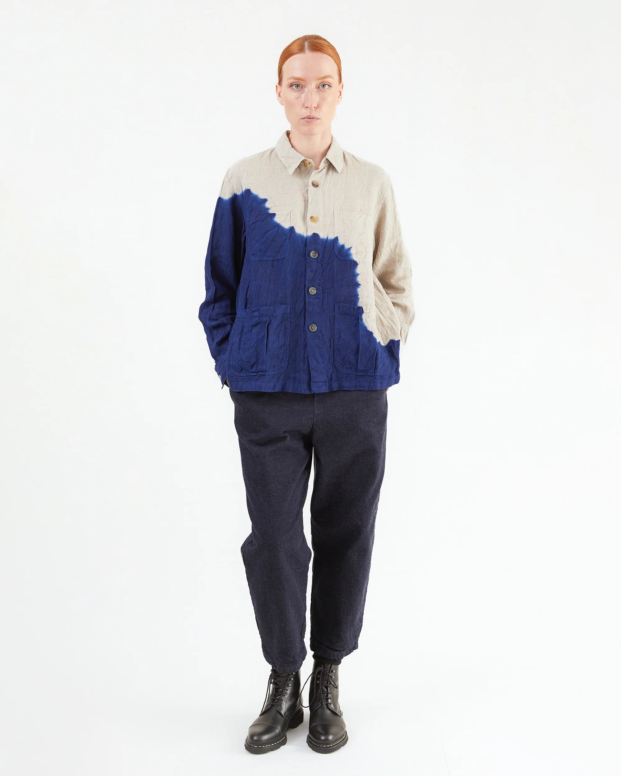Suzusan Boushi Somewake Shibori Overshirt in Navy/ Grege - Image 5